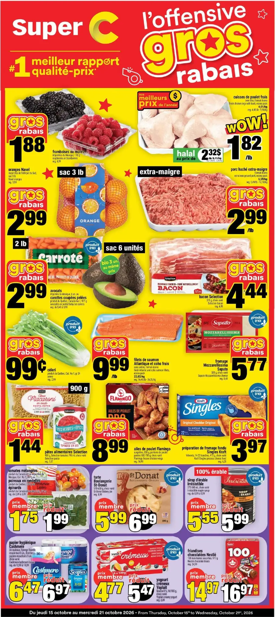 La page de couverture de la circulaire Super C présente une ambiance dynamique et colorée, mettant en avant des promotions sur une variété de produits alimentaires. On y trouve des fruits frais comme les framboises et les oranges, ainsi que des viandes telles que les cuisses de poulet et le porc haché. Les promotions notables incluent des rabais sur des articles comme le bacon et les filets de saumon. Les offres sont clairement affichées, attirant l'attention sur les prix compétitifs et les économies à réaliser.