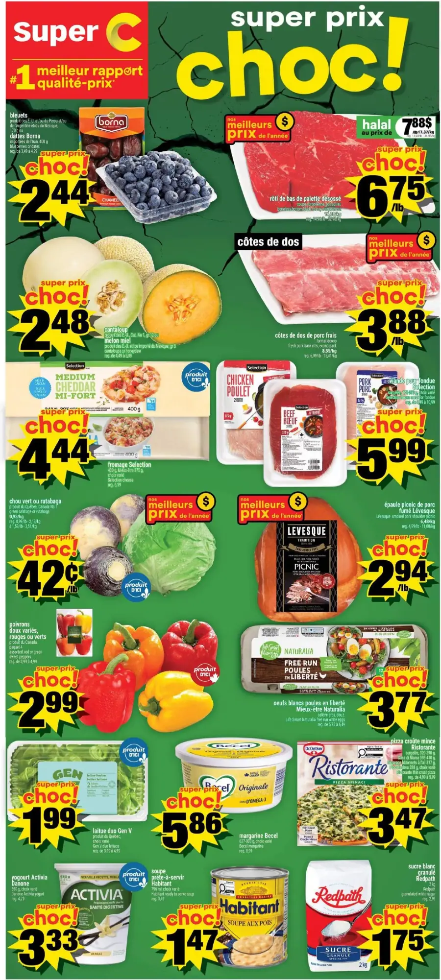 La page de couverture de la circulaire Super C présente une ambiance dynamique et colorée, mettant en avant une variété de produits alimentaires. On y trouve des fruits frais comme des bleuets et des cantaloups, ainsi que des viandes telles que le rôti de bas de palette et les côtes de dos. Les promotions sont clairement indiquées avec des étiquettes "super prix choc", attirant l'attention sur des offres comme le fromage, les légumes variés et des produits laitiers. Cette mise en page vise à susciter l'intérêt des clients pour les bonnes affaires de la semaine.