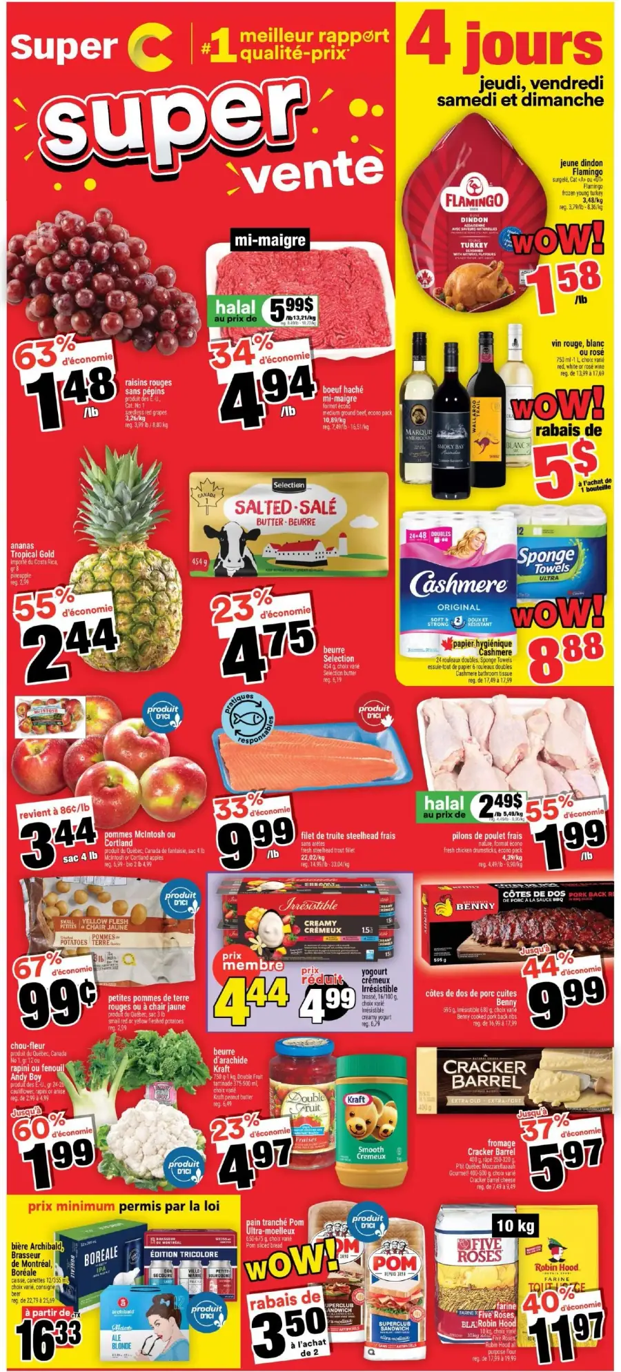La page de couverture de la circulaire Super C présente une ambiance dynamique avec des promotions attrayantes. Les catégories de produits mises en avant incluent les fruits, viandes, produits laitiers et articles ménagers. Parmi les exemples, on trouve des raisins rouges à 1,48 $/lb, du boeuf haché à 4,94 $/lb, et des filets de truite à 9,99 $/lb. Des offres spéciales pour les quatre jours sont également mises en avant, attirant l’attention sur des économies significatives.
