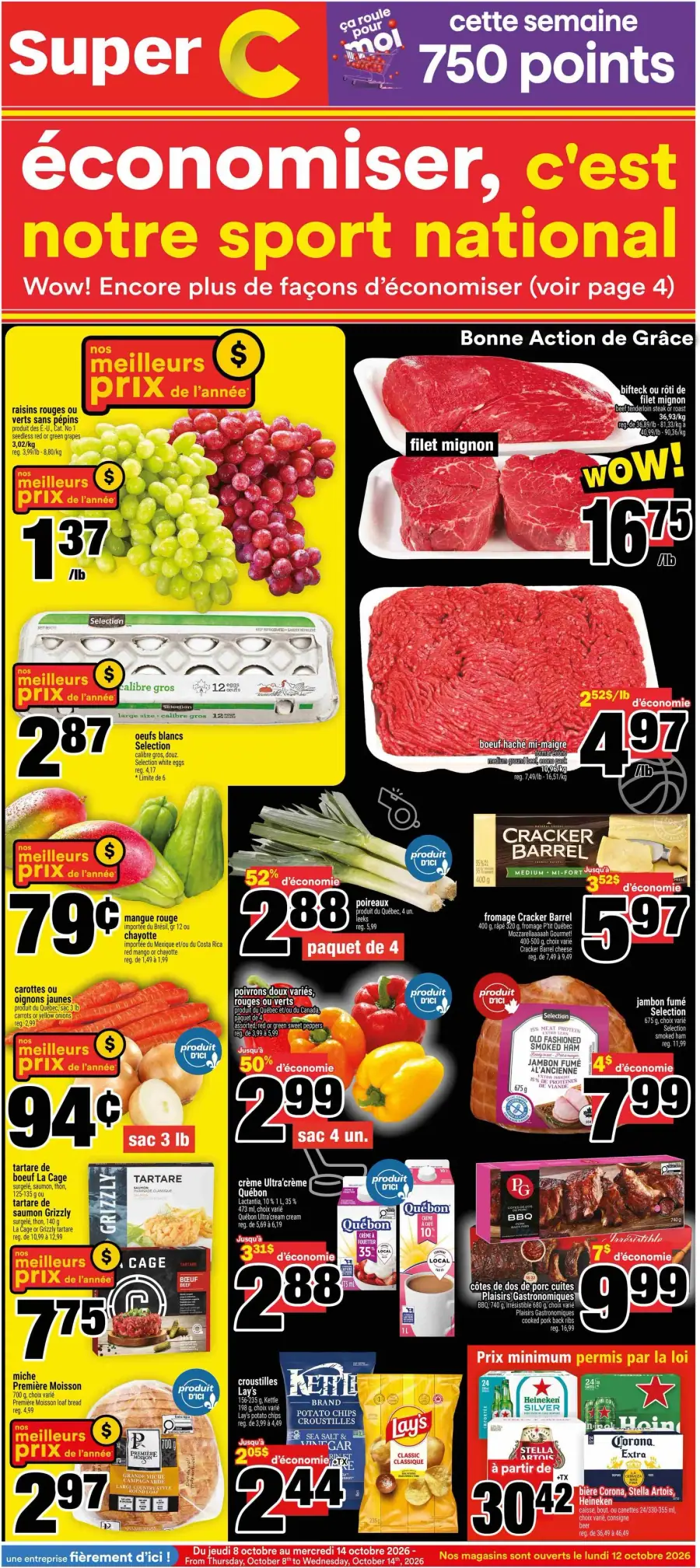La page de couverture de la circulaire Super C présente une ambiance dynamique et colorée, mettant en avant une variété de produits alimentaires. On y trouve des fruits et légumes frais, comme des raisins, des mangues et des poireaux, ainsi que des viandes, notamment du filet mignon et du boeuf haché. Les promotions sont bien visibles, avec des étiquettes indiquant des économies significatives sur plusieurs articles, comme des œufs et des fromages. Cette mise en page attrayante invite les clients à découvrir des offres avantageuses pour la semaine.