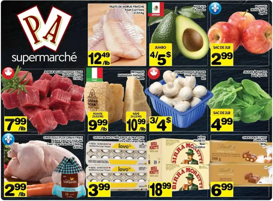 La page de couverture de la circulaire du Supermarché PA présente une ambiance dynamique et colorée, mettant en avant une variété de produits frais et de qualité. On y trouve des catégories telles que la viande, les produits laitiers, les fruits et légumes, ainsi que des articles d'épicerie. Parmi les promotions notables, on remarque des cubes de bœuf à 7,99 $/lb, des avocats à 4 $ pour 5, et des œufs à 3,99 $ la douzaine. Les visuels sont attrayants, soulignant la fraîcheur des produits.