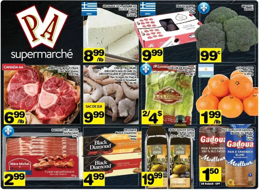 La page de couverture de la circulaire du Supermarché PA présente une ambiance dynamique et attrayante, mettant en avant une variété de produits frais. On y trouve des catégories telles que les viandes, les fruits et légumes, ainsi que des produits laitiers. Parmi les promotions notables, on remarque des jarrets de bœuf à 6,99 $/lb, des crevettes crues à 9,99 $ pour un sac de 2 lb, et des clémentines à 1,99 $/lb. Les produits sont soigneusement disposés, créant une invitation à la découverte.