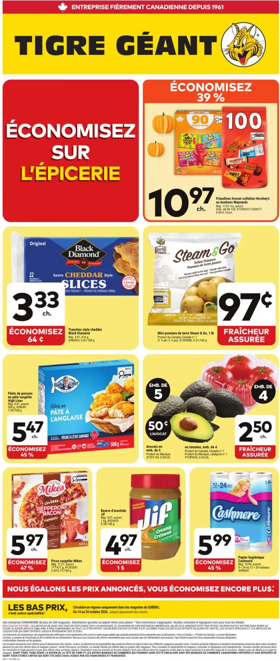 La page de couverture de la circulaire Tigre Géant présente une ambiance dynamique et colorée, mettant en avant une variété de produits alimentaires. On y trouve des promotions sur des articles tels que des friandises, du fromage cheddar, des pommes de terre, et des pizzas surgelées. Les économies sont clairement affichées, avec des réductions allant jusqu'à 47 %. Des produits frais comme des tomates et des avocats sont également mis en avant, soulignant l'engagement envers la qualité.