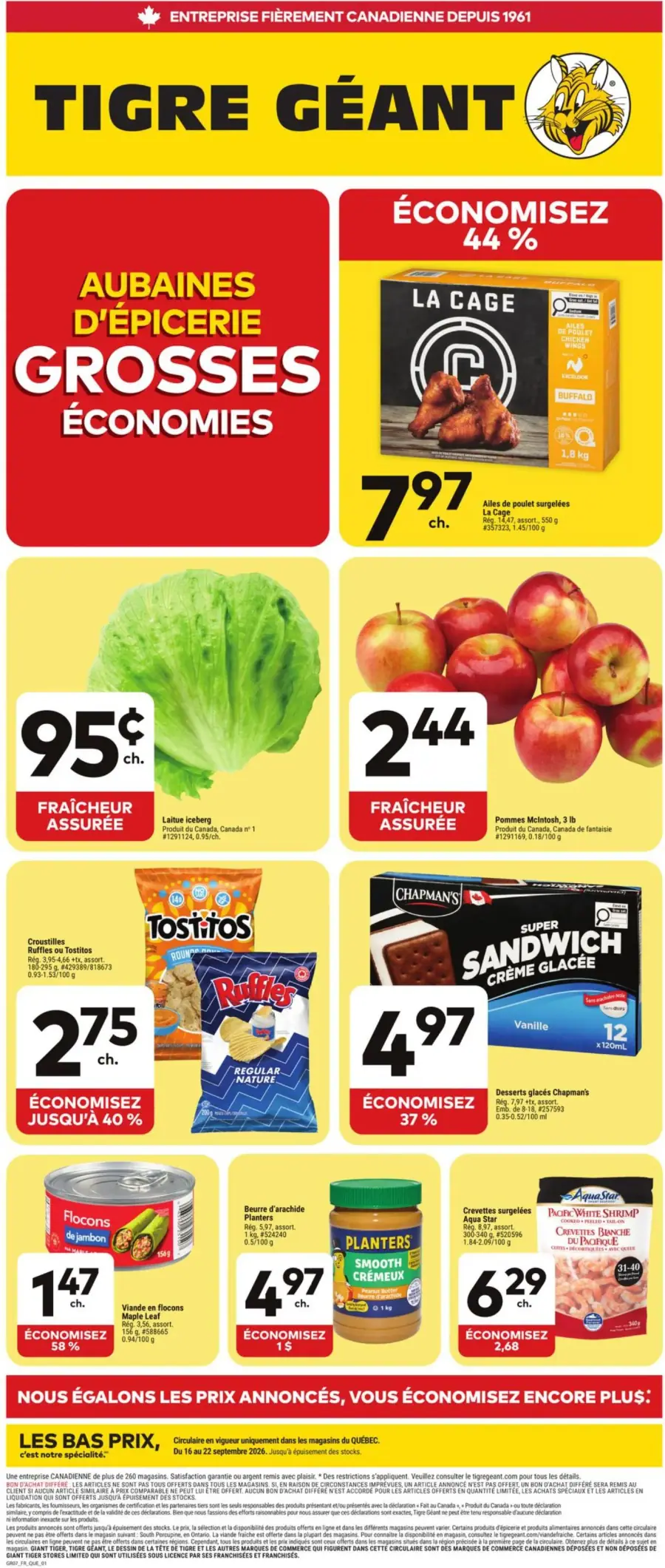 La page de couverture de la circulaire Tigre Géant présente une ambiance dynamique et colorée, mettant en avant des promotions attrayantes sur divers produits d'épicerie. On y trouve des catégories telles que les fruits et légumes frais, les collations, ainsi que des produits surgelés. Parmi les exemples, on note des ailes de poulet surgelées à 7,97 $, de la laitue iceberg à 0,95 $, et des pommes McIntosh à 2,44 $. Les économies sont mises en avant, avec des réductions allant jusqu'à 58 % sur certains articles.