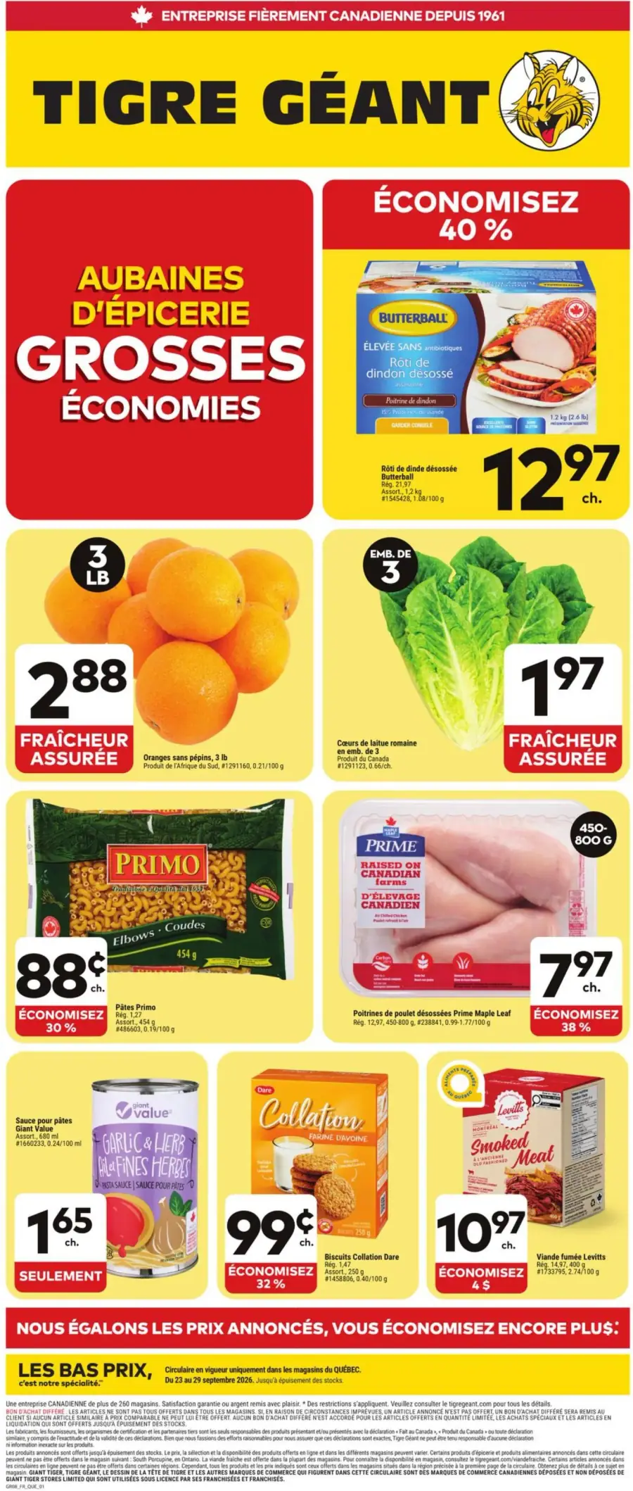 La page de couverture de la circulaire Tigre Géant présente une ambiance dynamique et colorée, mettant en avant des aubaines sur divers produits d'épicerie. Les catégories incluent des fruits frais, des viandes, des pâtes et des collations. Parmi les promotions notables, on trouve des oranges à 2,88 $ pour 3 lb, un rôti de dinde désossé à 12,97 $, et des poitrines de poulet à 7,97 $, avec des économies allant jusqu'à 40 %.