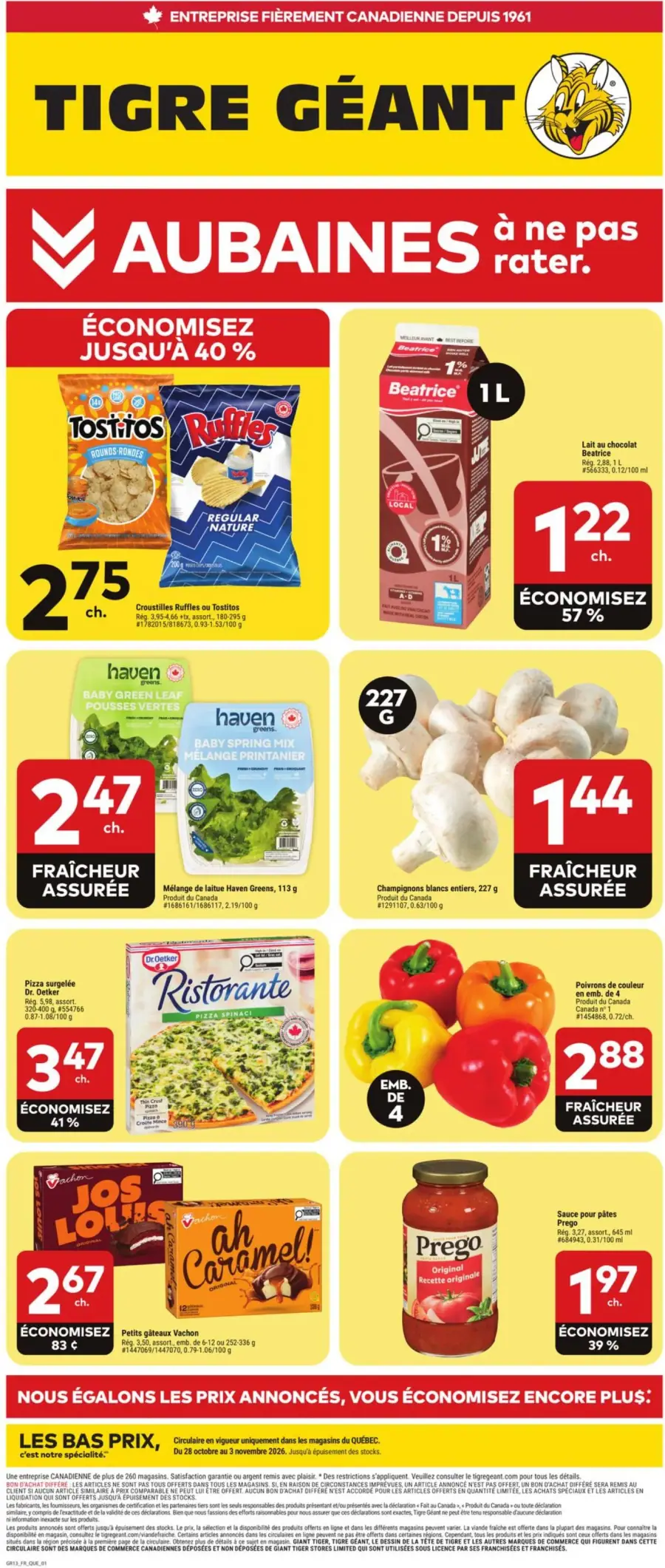 La page de couverture de la circulaire Tigre Géant présente une ambiance dynamique et colorée, mettant en avant des aubaines attractives. On y trouve des catégories variées telles que les collations, les produits laitiers, les légumes frais et les plats préparés. Parmi les promotions notables, on remarque les croustilles Ruffles et Tostitos à 2,75 $, le lait au chocolat Beatrice à 1,22 $ (économie de 57 %), ainsi que des champignons à 1,44 $ et des poivrons à 2,88 $.