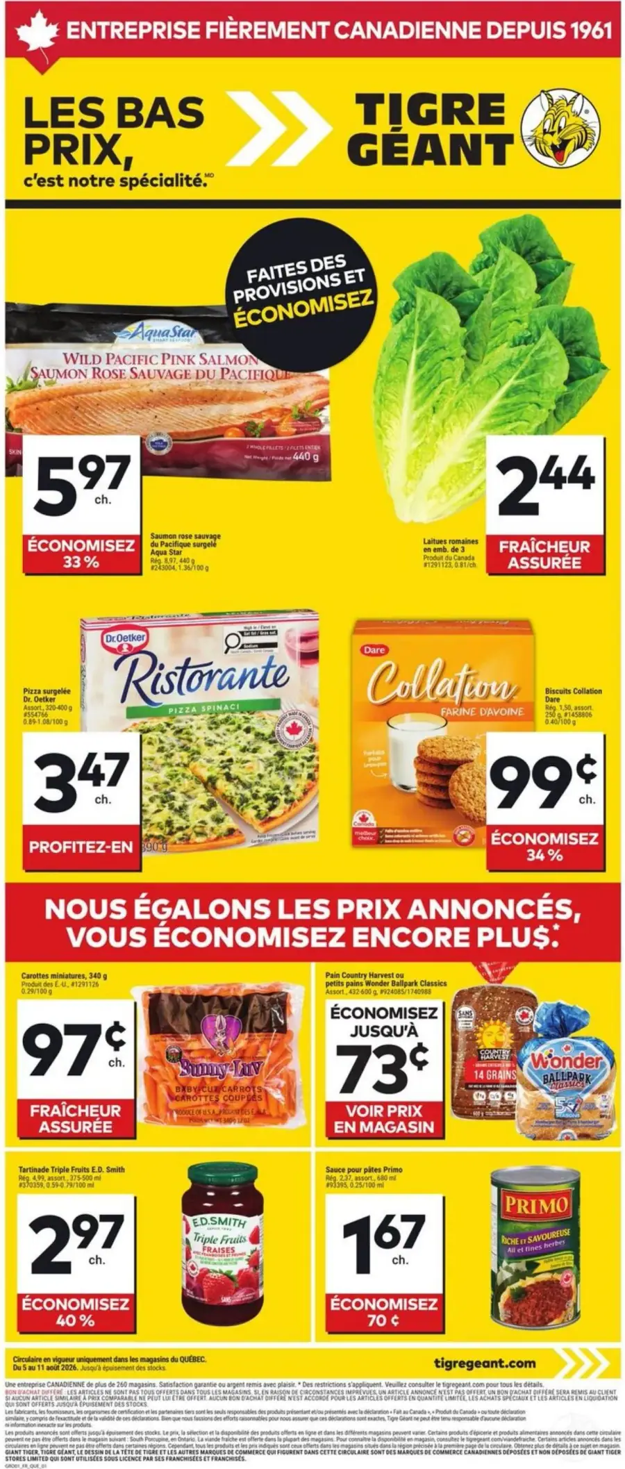 La page de couverture de la circulaire Tigre Géant présente une ambiance dynamique et colorée, mettant en avant divers produits alimentaires. On y trouve des catégories telles que les fruits et légumes frais, les plats surgelés, et les collations. Parmi les promotions, le saumon rose sauvage à 5,97 $, la pizza Ristorante à 3,47 $, et les biscuits Collation à 0,99 $ sont particulièrement mises en avant, soulignant des économies significatives.