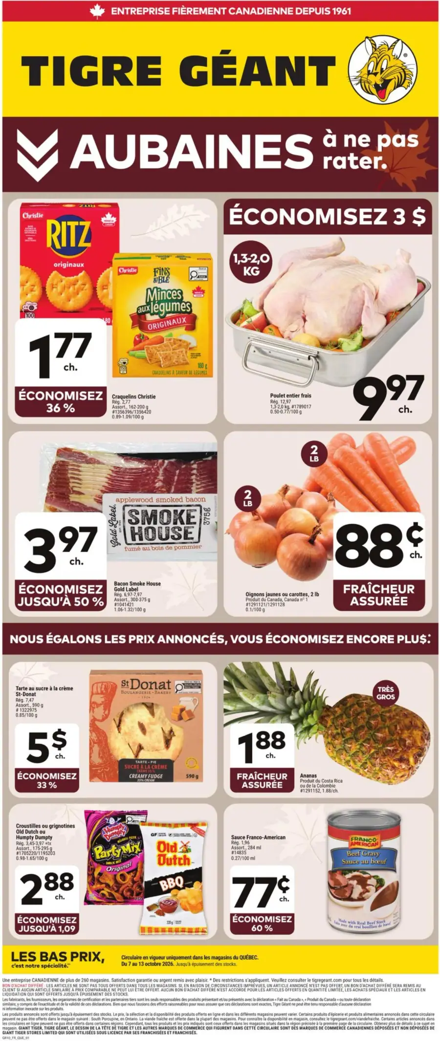La page de couverture de la circulaire Tigre Géant présente une ambiance chaleureuse et accueillante, avec des couleurs automnales. Les catégories de produits mises en avant incluent des viandes, des produits laitiers, des fruits et légumes, ainsi que des collations. Parmi les promotions notables, on trouve un poulet entier frais à 9,97 $, des oignons et carottes à 88 ¢, ainsi qu'une tarte au sucre à la crème à 5 $.