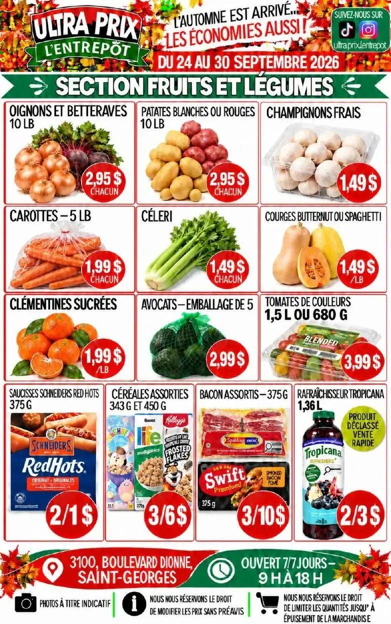La page de couverture de la circulaire Ultra Prix L'Entrepôt évoque une ambiance automnale avec des feuilles colorées en arrière-plan. Les catégories de produits mises en avant incluent les fruits et légumes, avec des exemples comme les oignons, les betteraves, et les champignons frais. Des promotions notables sont visibles, telles que les carottes à 1,99 $ et les avocats à 2,99 $ pour un emballage de cinq. D'autres produits comme les saucisses et les céréales sont également présentés avec des offres attractives.