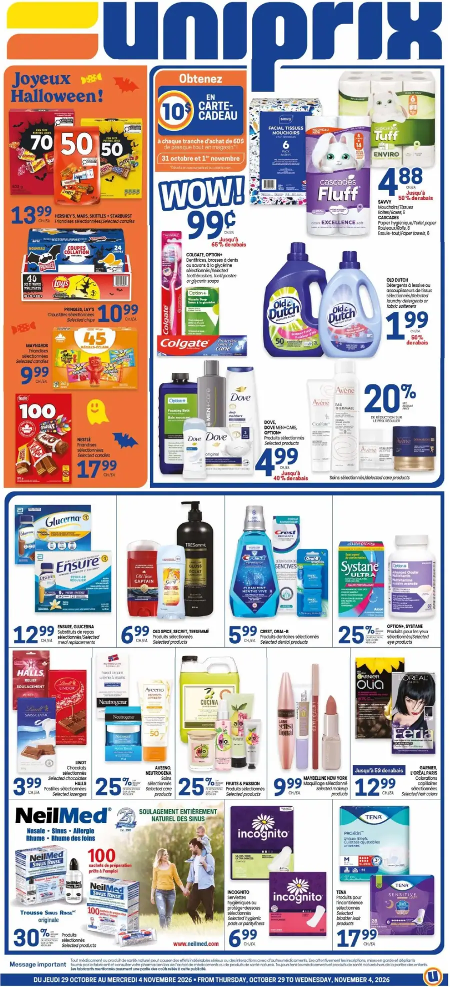 La page de couverture de la circulaire Uniprix présente une ambiance festive pour Halloween, avec des promotions sur des bonbons et des collations. Les catégories mises en avant incluent les soins personnels, les produits ménagers et les aliments. On y trouve des offres telles que des réductions sur des dentifrices Colgate, des produits Dove et des chocolats Lindt. Des promotions attrayantes, comme des économies allant jusqu'à 70 % sur certains articles, sont clairement affichées.