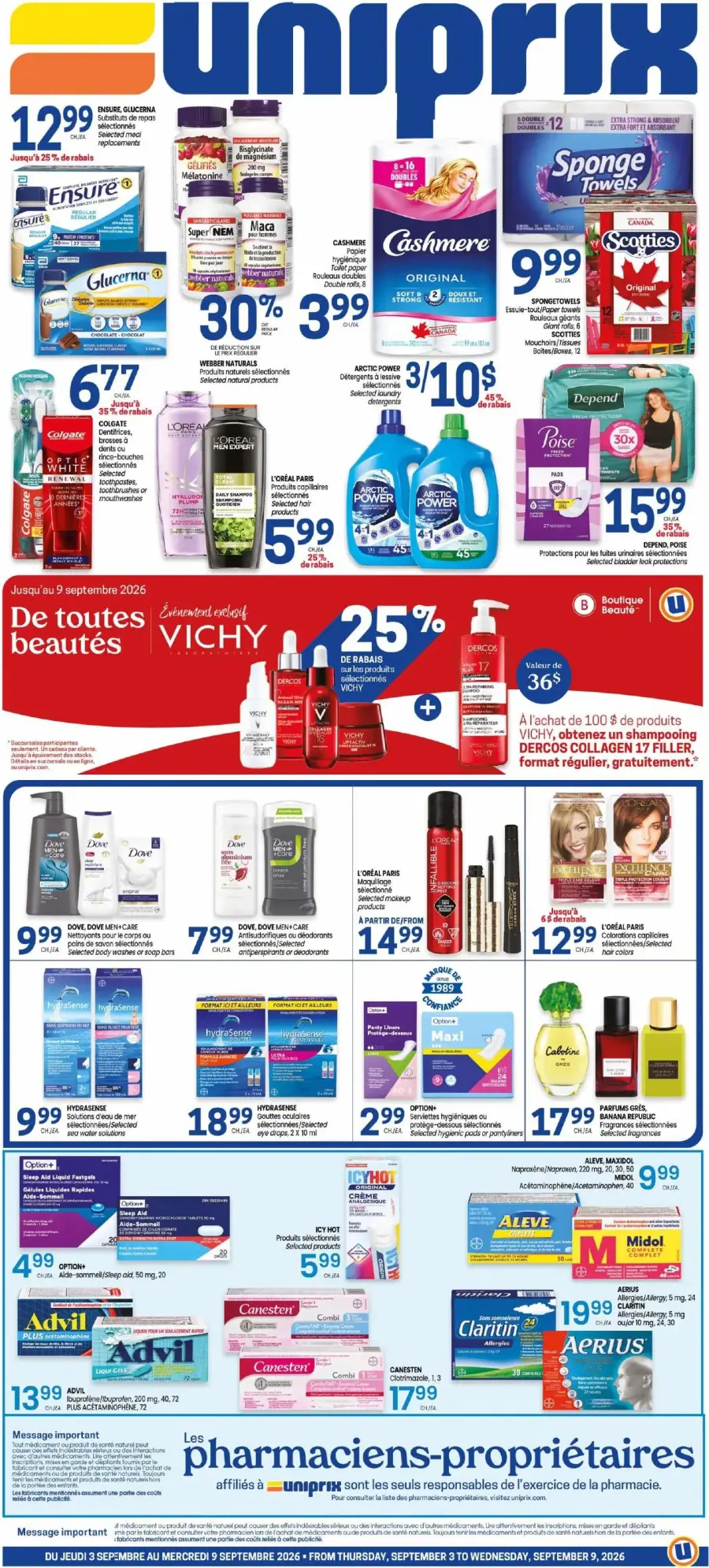 La page de couverture de la circulaire Uniprix présente une ambiance dynamique et colorée, mettant en avant divers produits de santé et de beauté. On y trouve des catégories telles que les substituts de repas, les soins capillaires, et les articles ménagers. Parmi les promotions notables, un rabais de 25 % sur les produits Vichy et des offres sur des marques comme Cashmere et Arctic Power attirent l'attention. Des exemples incluent des produits de soins dentaires et des détergents, soulignant une variété d'options pour les consommateurs.
