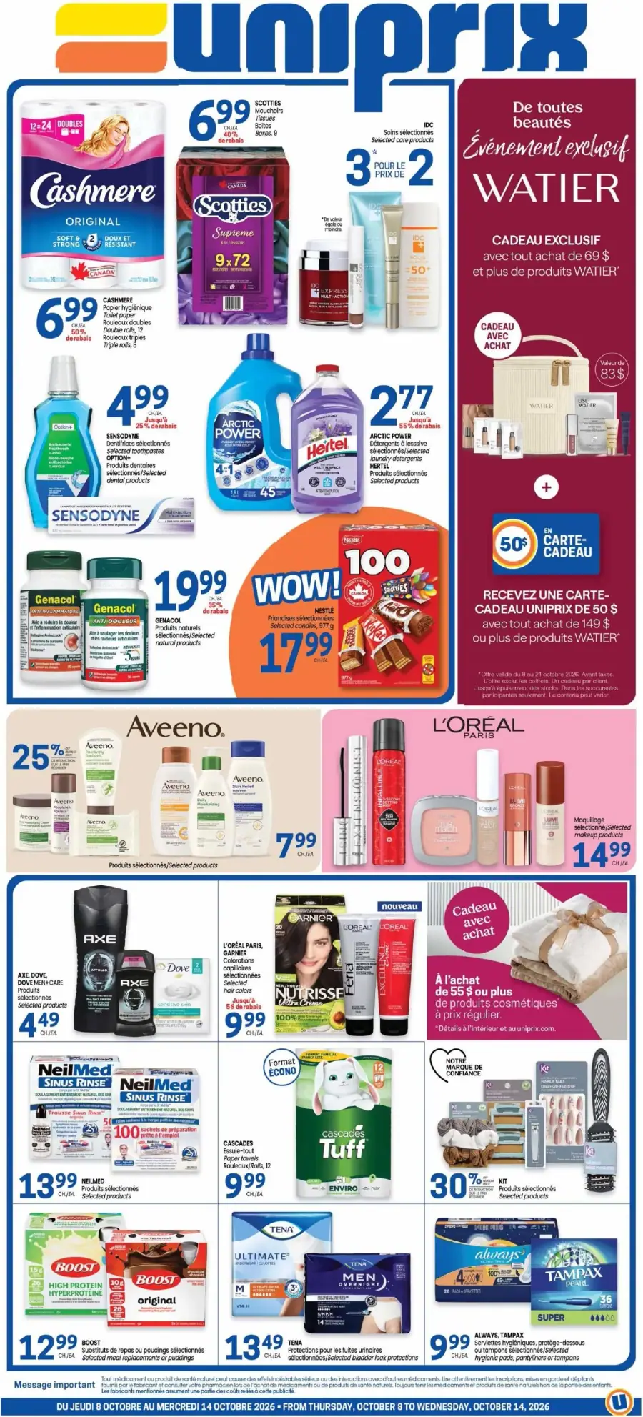 La page de couverture de la circulaire Uniprix présente une ambiance dynamique et colorée, mettant en avant une variété de produits de soins personnels et d'hygiène. On y trouve des promotions sur des marques comme Cashmere, Scotties, et Sensodyne, ainsi qu'un événement exclusif pour des produits Watier. Des offres telles qu'un cadeau avec achat et des réductions sur des produits sélectionnés sont également mises en avant, attirant l'attention sur les soins de beauté et les articles ménagers.