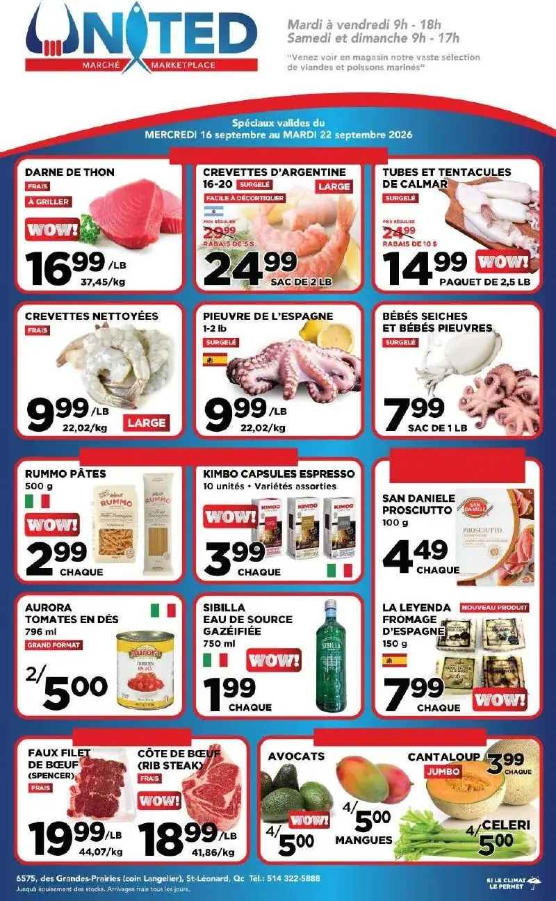 La page de couverture de la circulaire United Supermarché présente une ambiance dynamique et colorée, mettant en avant une variété de produits frais et surgelés. On y retrouve des catégories telles que les fruits de mer, les viandes, les pâtes et les produits italiens. Parmi les promotions notables, on trouve des crevettes d'Argentine à prix réduit, ainsi que des pâtes Rummo et des capsules de café Kimbo en promotion. Les fruits comme les avocats et les mangues sont également mis en avant, attirant l'attention des consommateurs.