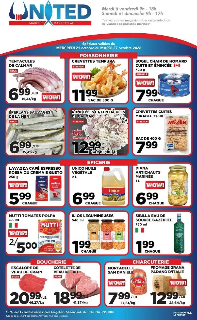La page de couverture de la circulaire United Supermarché présente une ambiance dynamique et colorée, mettant en avant des produits de la mer, des articles d'épicerie, de la boucherie et de la charcuterie. Parmi les promotions notables, on trouve des tentacules de calamar frais et des crevettes tempura surgelées. Les produits tels que l'huile végétale Unico et les tomates Mutti sont également mis en avant, attirant l'attention sur des offres spéciales.