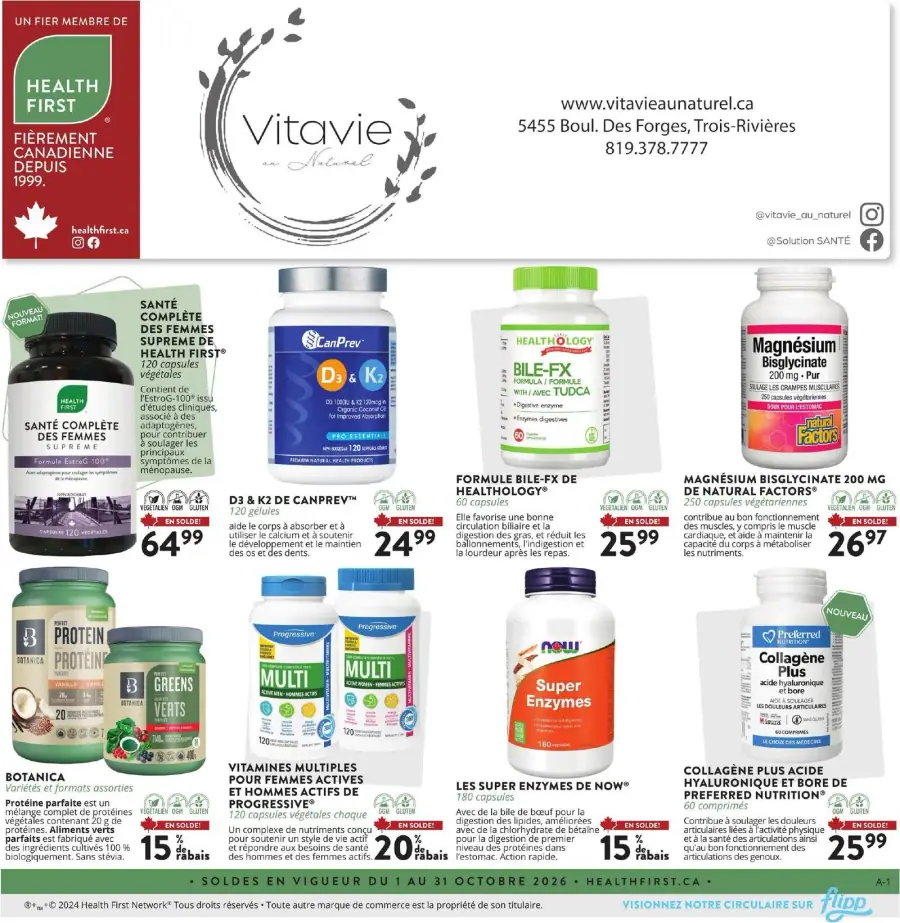 La page de couverture de la circulaire Vitavie au Naturel présente une ambiance claire et naturelle, mettant en avant des produits de santé et de bien-être. On y trouve des catégories telles que les vitamines, les minéraux et les suppléments. Parmi les produits mis en avant, on note la "Santé complète des femmes" et le "D3 & K2" de CanPrev. Des promotions sont visibles, notamment sur les formules Bile-FX et le magnésium bisglycinate.
