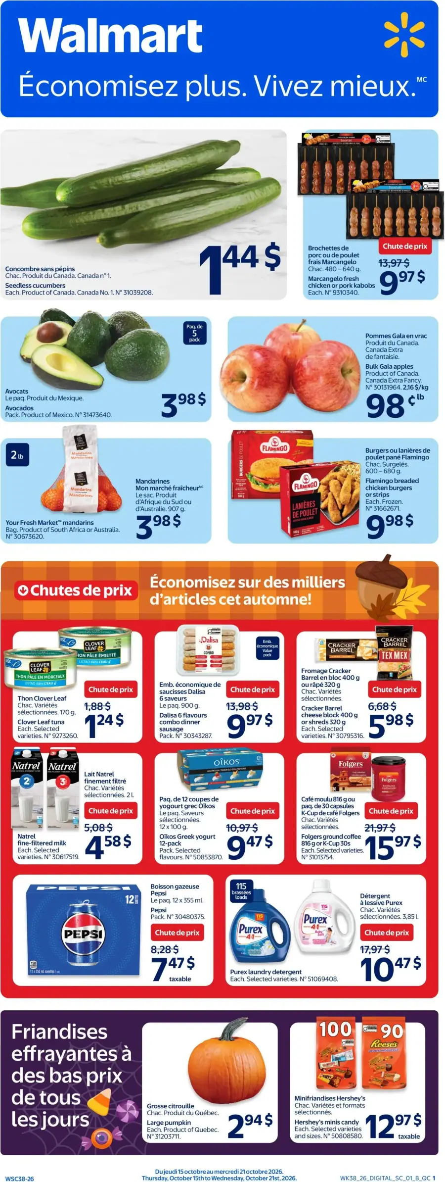La page de couverture de la circulaire Walmart présente une ambiance dynamique et colorée, mettant en avant une variété de produits alimentaires et ménagers. On y trouve des légumes frais comme des concombres et des avocats, ainsi que des fruits tels que des pommes Gala et des mandarines. Les promotions notables incluent des réductions sur des brochettes de poulet, des burgers de poulet, et divers produits laitiers. Les offres spéciales sont clairement mises en avant, invitant les clients à profiter des économies de la saison.