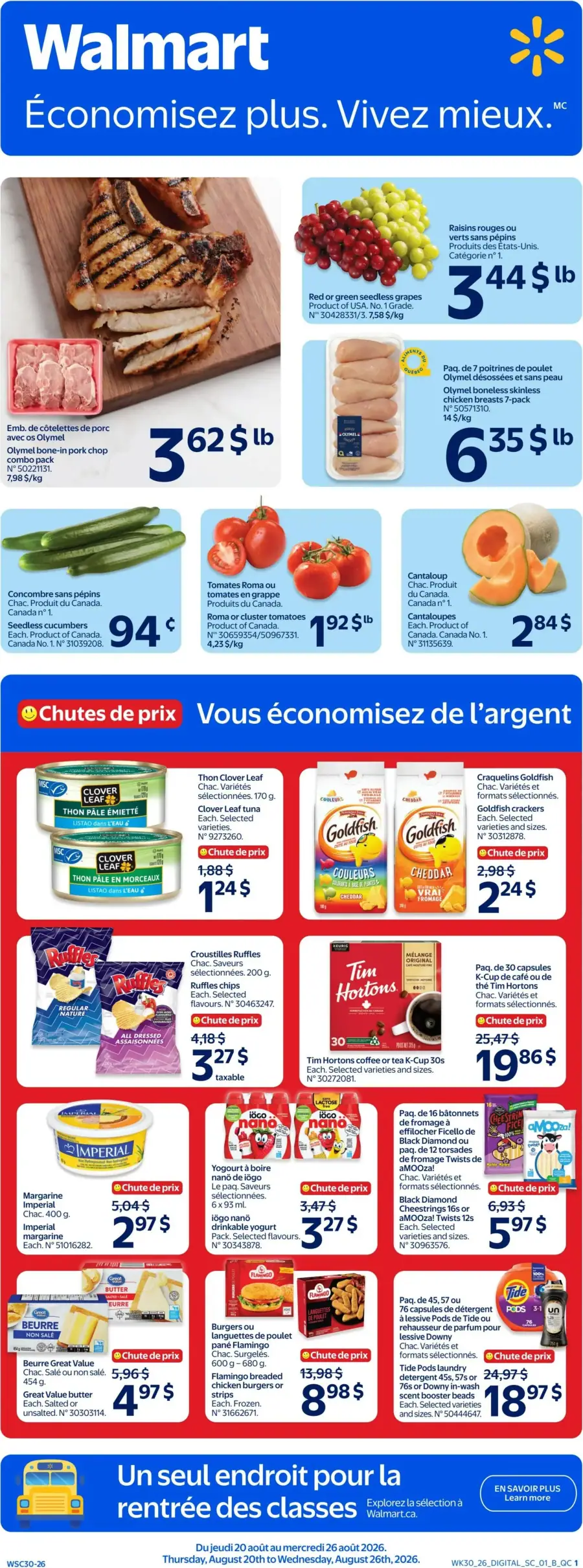 La page de couverture de la circulaire Walmart présente une ambiance dynamique et colorée, mettant en avant des produits frais et essentiels pour la cuisine. Les catégories incluent la viande, les fruits, les légumes, ainsi que des produits laitiers et des collations. Parmi les promotions notables, on trouve des côtelettes de porc, des raisins, des tomates, et des cantaloups, tous à des prix attractifs. Des offres spéciales comme les "Chutes de prix" soulignent des économies sur des articles variés, tels que le thon, les croustilles et le café.