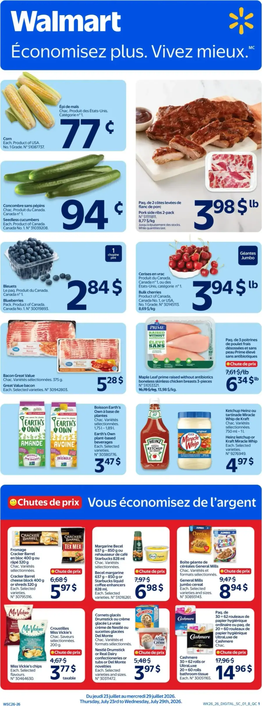 La page de couverture de la circulaire Walmart présente une ambiance claire et attrayante, mettant en avant des produits frais et des promotions intéressantes. On y trouve des fruits et légumes comme le maïs, le concombre et les bleuets, ainsi que des viandes telles que des côtes de porc et des poitrines de poulet. Les promotions incluent des réductions sur des produits comme le bacon et des boissons à base de plantes, offrant ainsi une variété d'options pour les consommateurs.