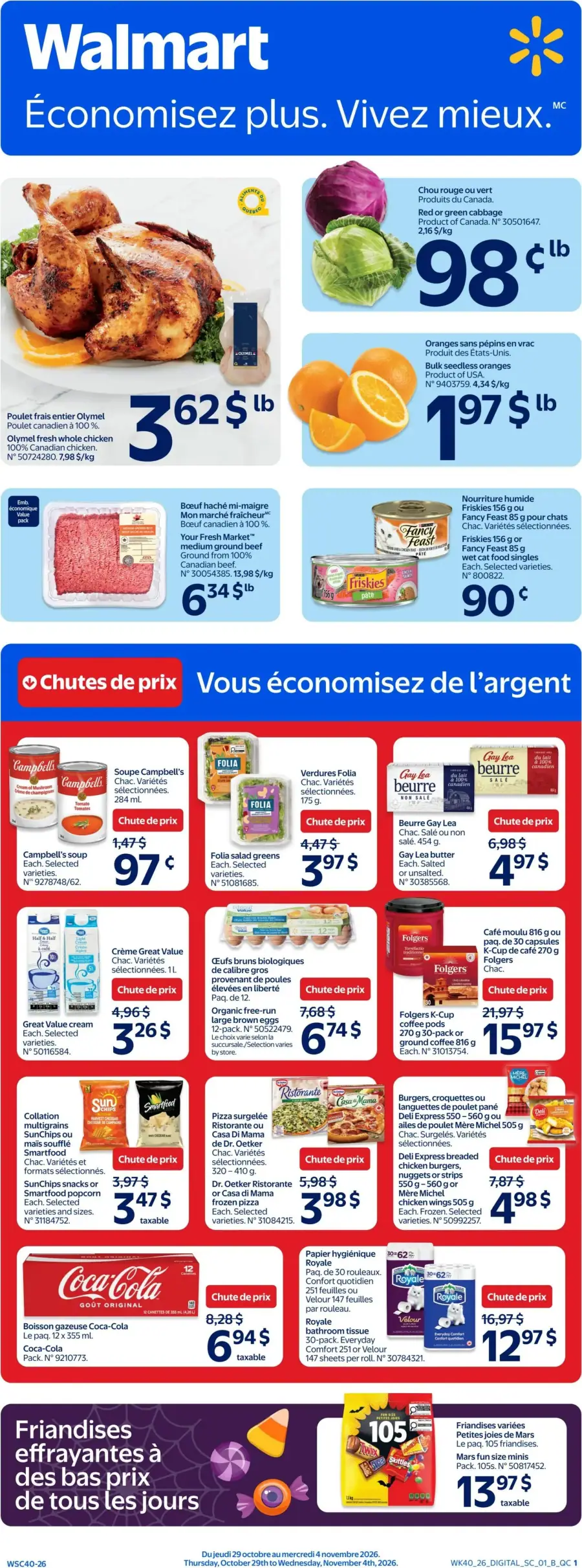 La page de couverture de la circulaire Walmart présente une ambiance dynamique et colorée, mettant en avant des produits frais et variés. On y trouve des catégories telles que la viande, les fruits, les légumes et les produits en conserve. Parmi les promotions notables, le poulet entier Olymel est affiché à 3,62 $/lb, tandis que les oranges sans pépins sont à 1,97 $/lb. Des offres spéciales sur des produits comme la crème Great Value et les soupes Campbell's attirent également l'attention.