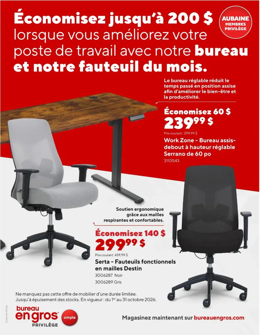 La page de couverture du guide Bureau en Gros présente une ambiance dynamique et professionnelle, mettant en avant des produits de bureau essentiels. Les catégories de produits incluent des bureaux réglables et des fauteuils ergonomiques. On y voit un bureau en bois avec un système de réglage, ainsi que deux modèles de fauteuils Serta en mailles. Les promotions importantes indiquent des économies allant jusqu'à 200 $, avec des réductions spécifiques sur chaque produit.