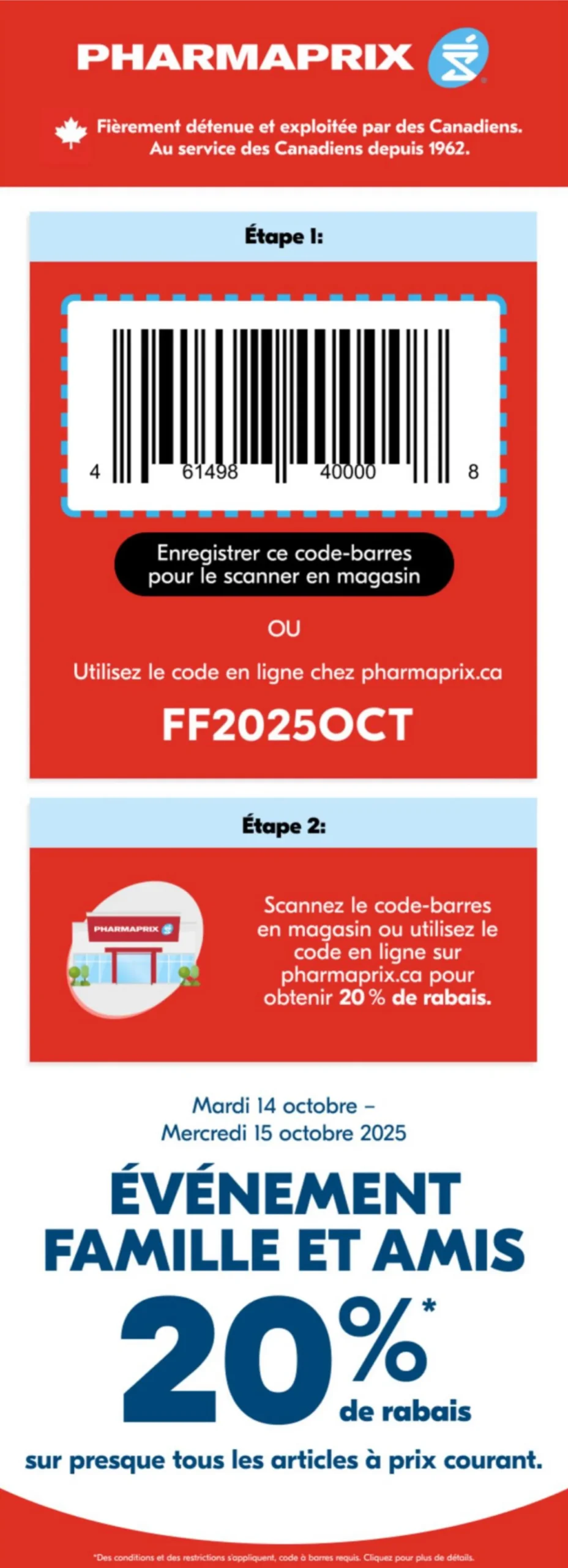 Page 1 de la Circulaire Pharmaprix Code Promo du 14 au 15 octobre 2025