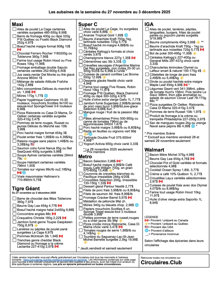 Liste des aubaines de la semaine à imprimer