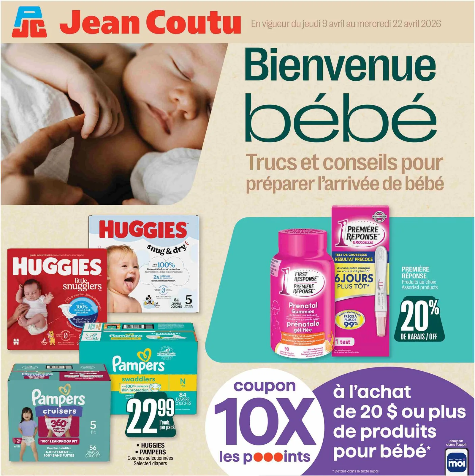 Page 1 de la Cahier Bébé Jean Coutu du 9 au 22 avril 2026