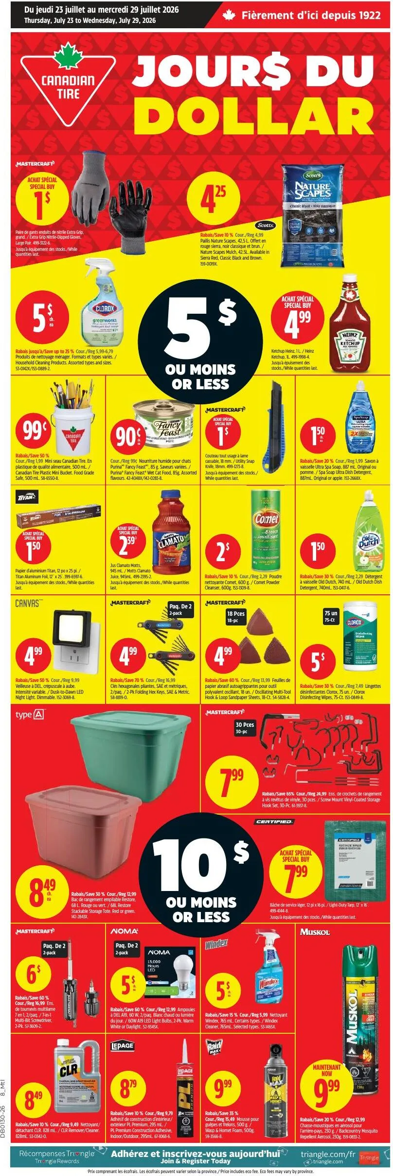 Page 1 de la Circulaire Canadian Tire Jours du dollar du 23 au 29 juillet 2026