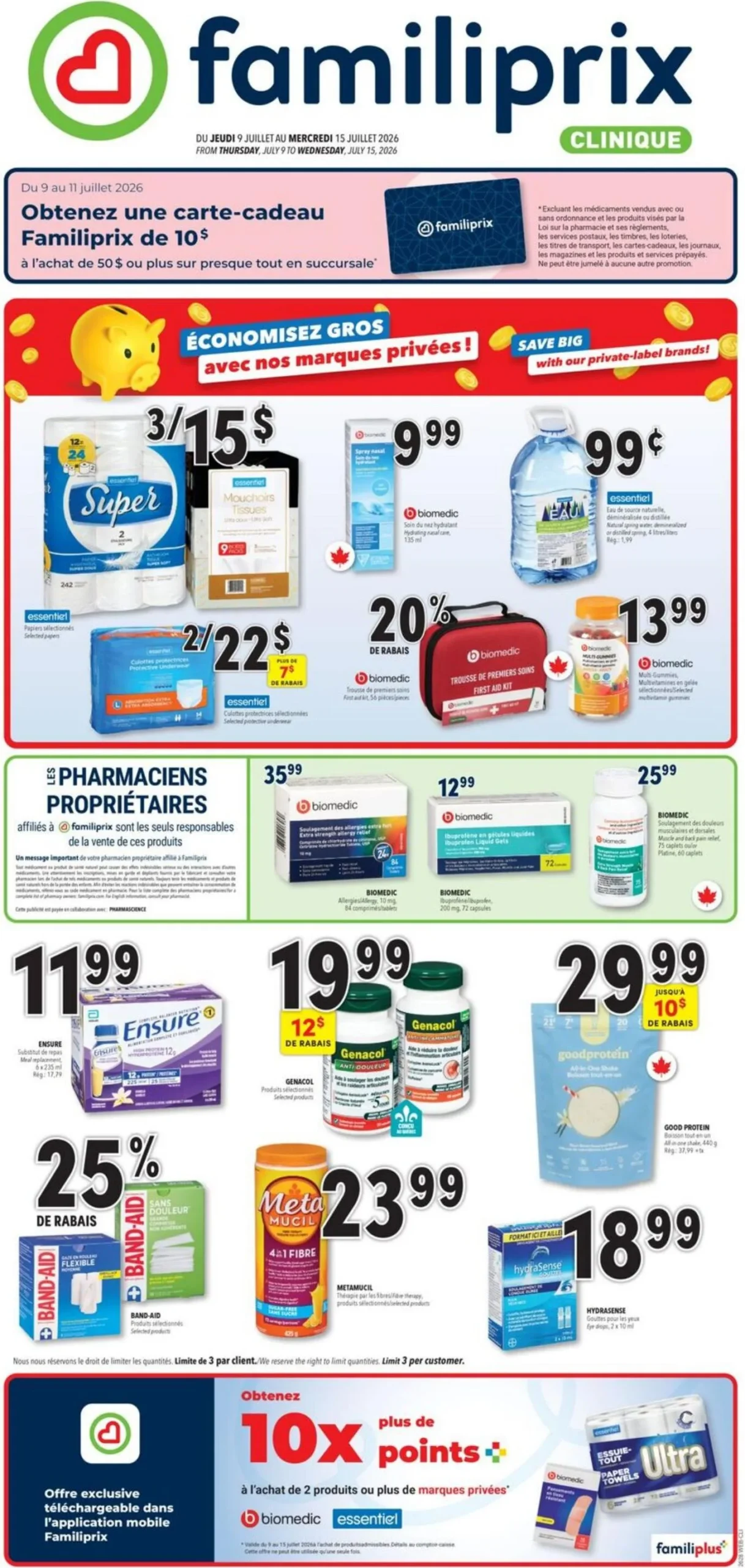Page 1 de la Circulaire Familiprix Clinique du 9 au 15 juillet 2026