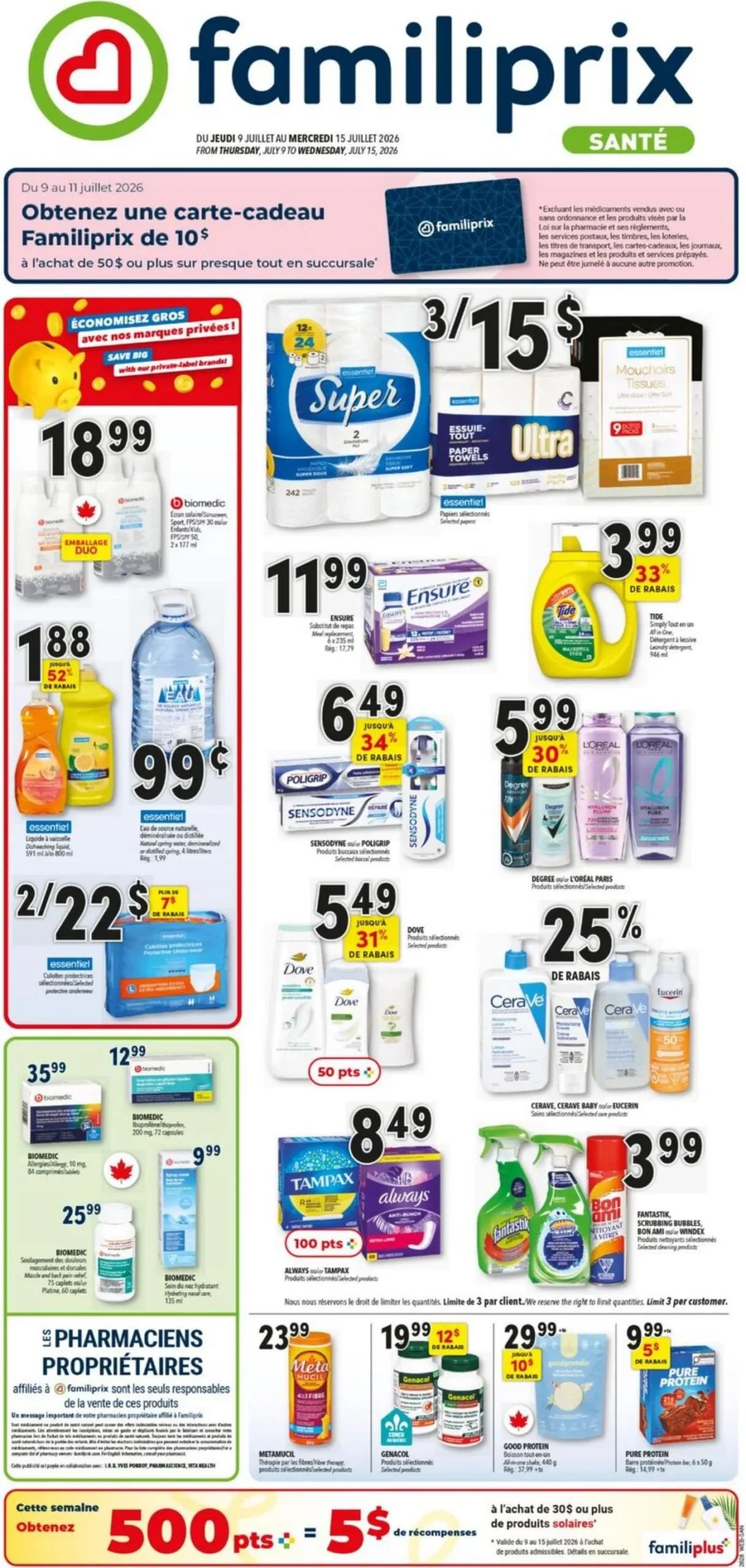 Page 1 de la Circulaire Familiprix Santé du 9 au 15 juillet 2026