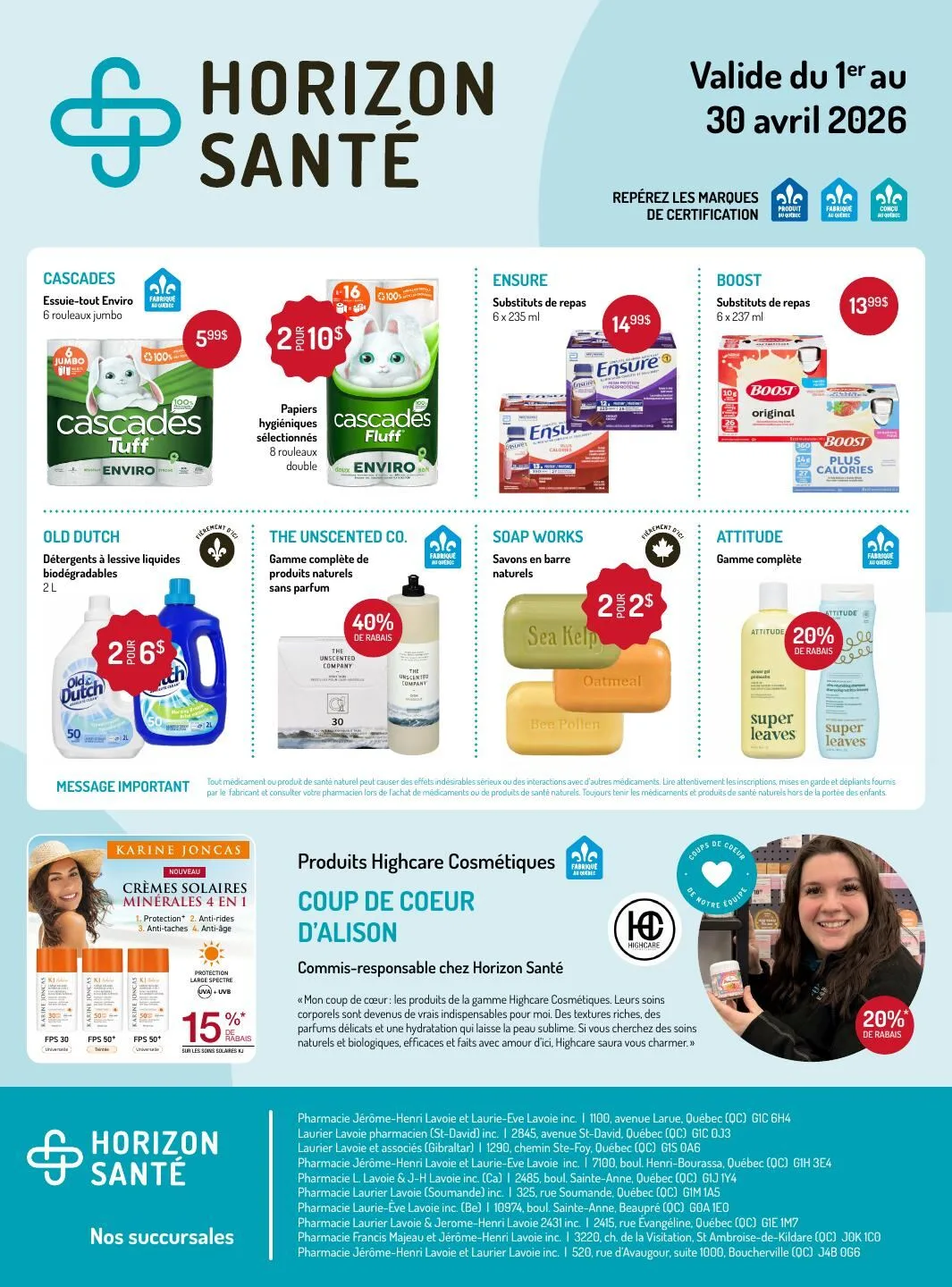 Page 1 de la Circulaire Horizon Santé du 1 au 30 avril 2026
