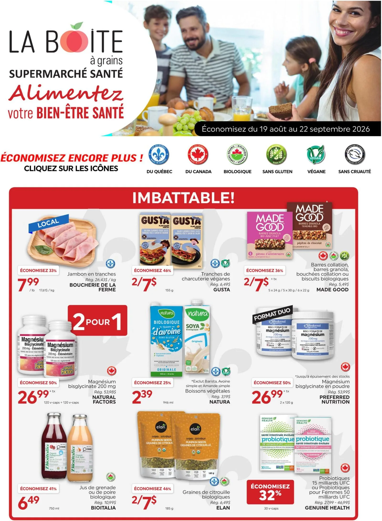 Page 1 de la Circulaire La Boîte à Grains du 19 août au 22 septembre 2026