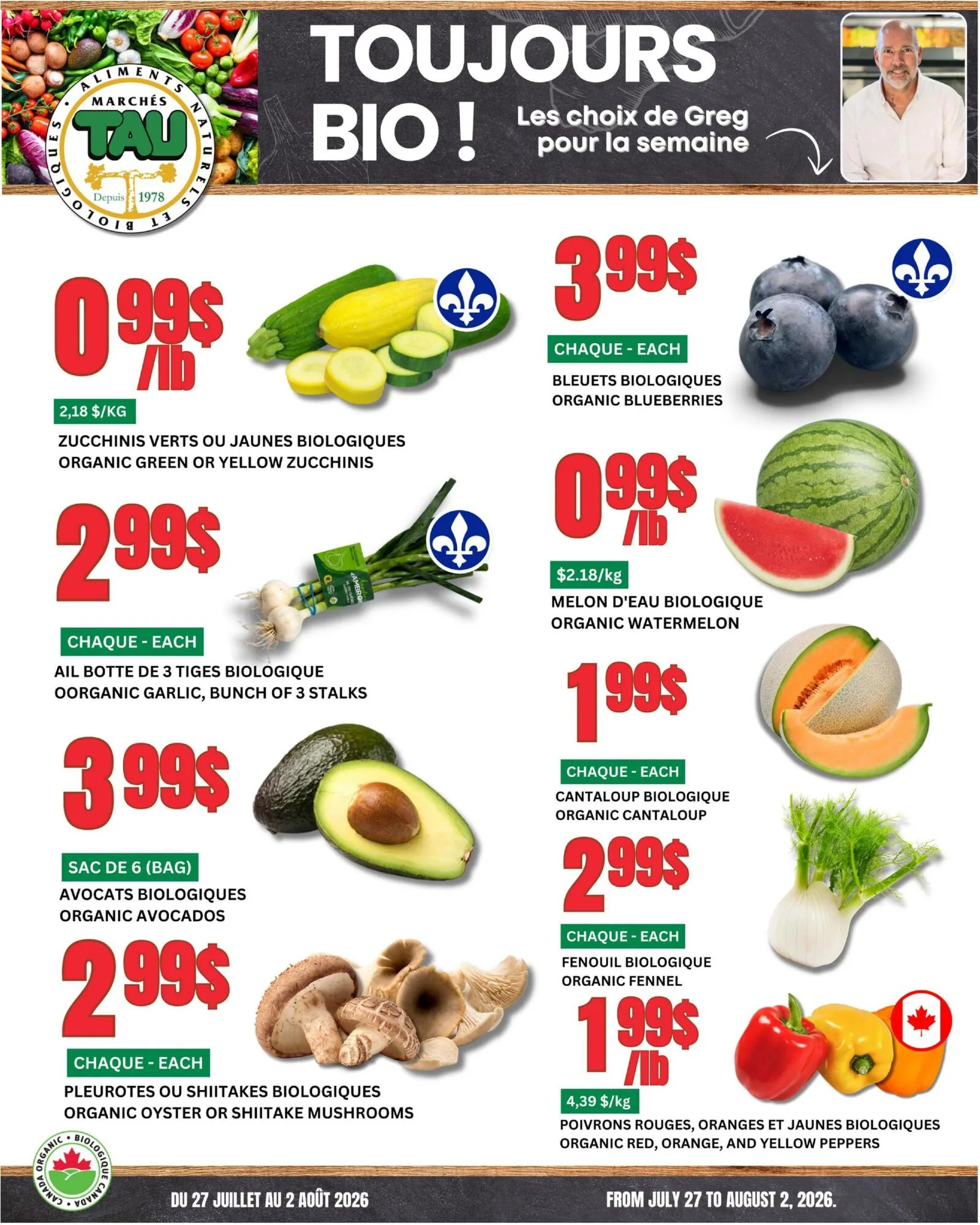 Page 1 de la Circulaire Marchés TAU de Fruits et Légumes du 27 juillet au 2 août 2026