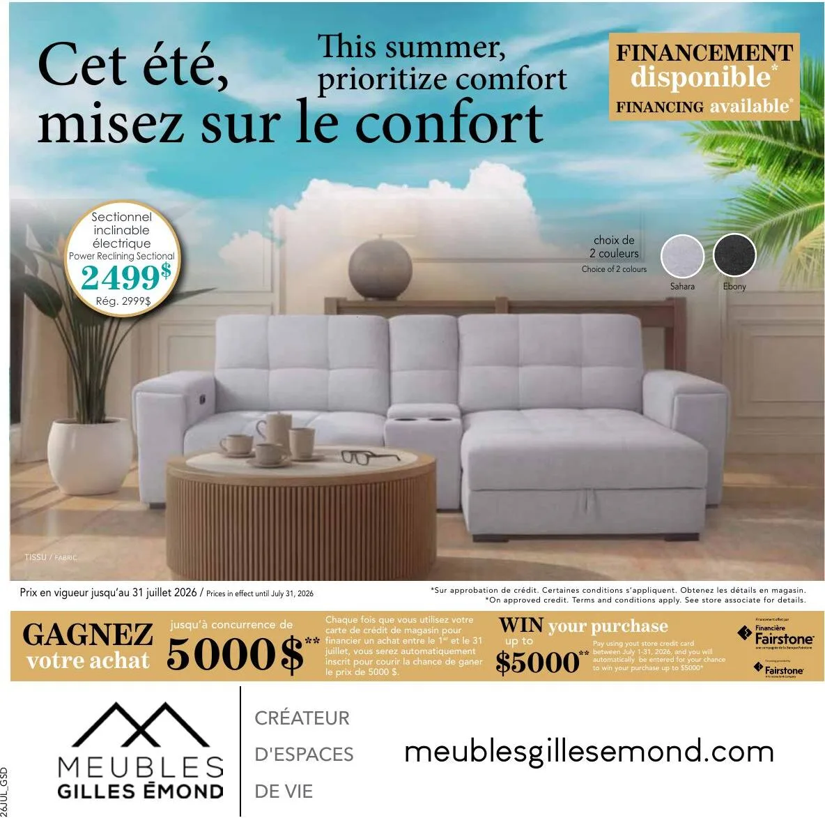 Page 1 de la Circulaire Meubles Gilles Émond Ameublement du 1 au 31 juillet 2026