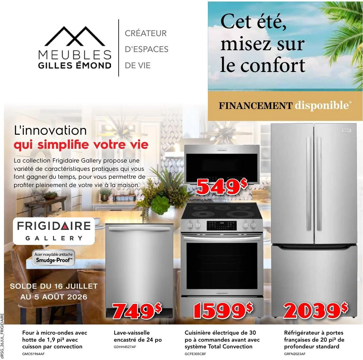 Page 1 de la Circulaire Meubles Gilles Émond Electroménager du 1 au 31 juillet 2026
