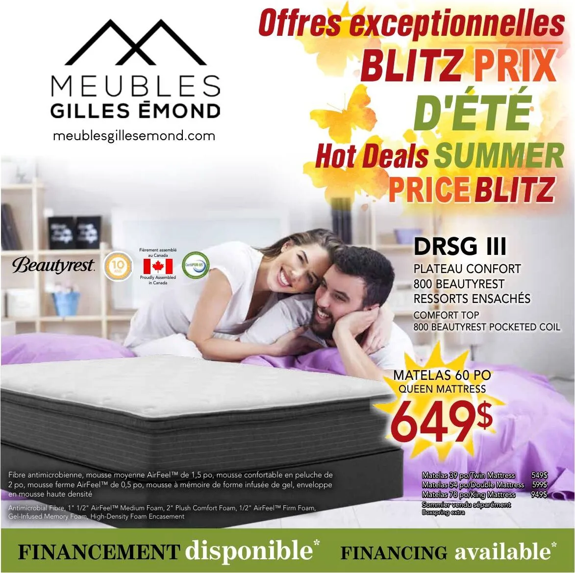 Page 1 de la Circulaire Meubles Gilles Émond Matelas du 1 au 30 août 2026