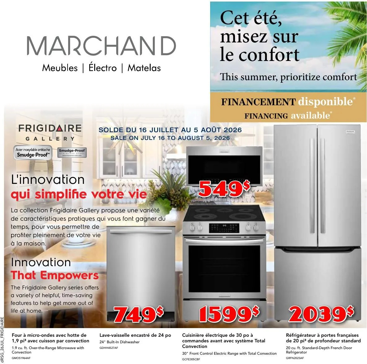 Page 1 de la Circulaire Meubles Marchand Frigidaire du 16 juillet au 5 août 2026