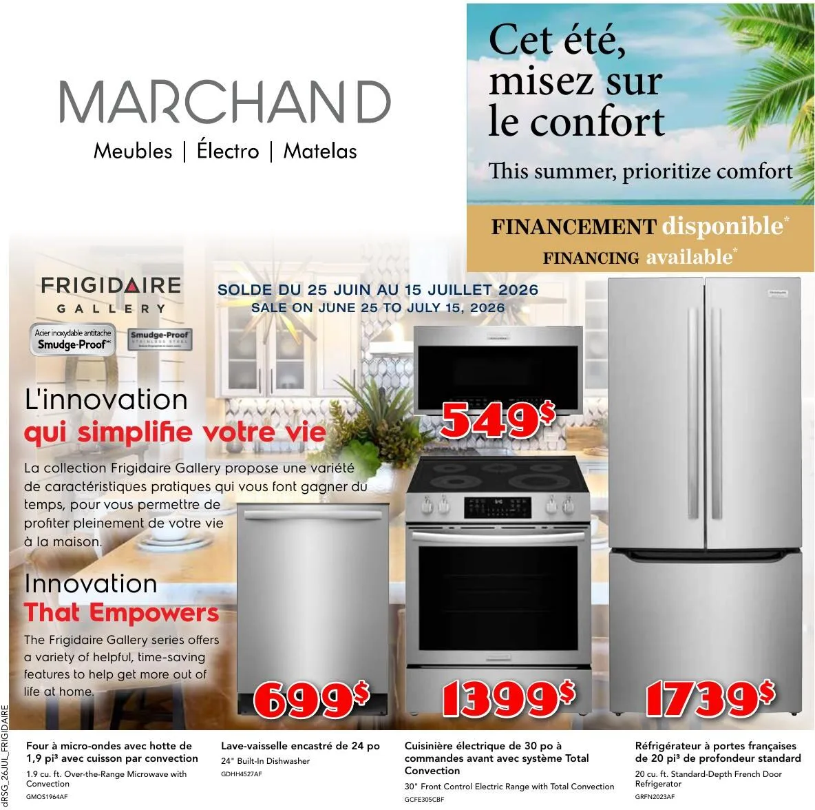 Page 1 de la Circulaire Meubles Marchand Frigidaire du 25 juin au 15 juillet 2026