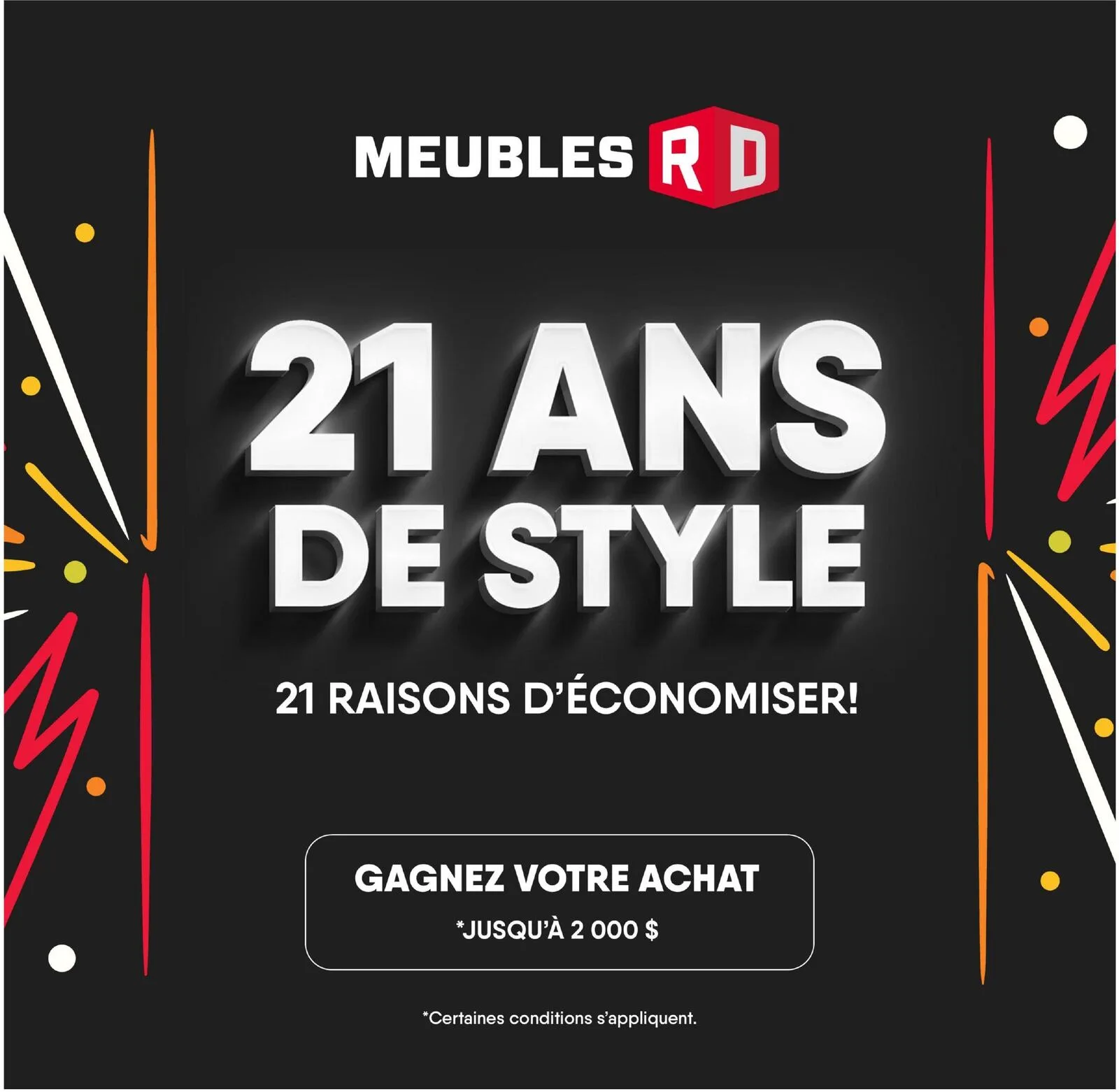 Page 1 de la Circulaire Meubles RD Vente 21e anniversaire du 18 au 24 mai 2026