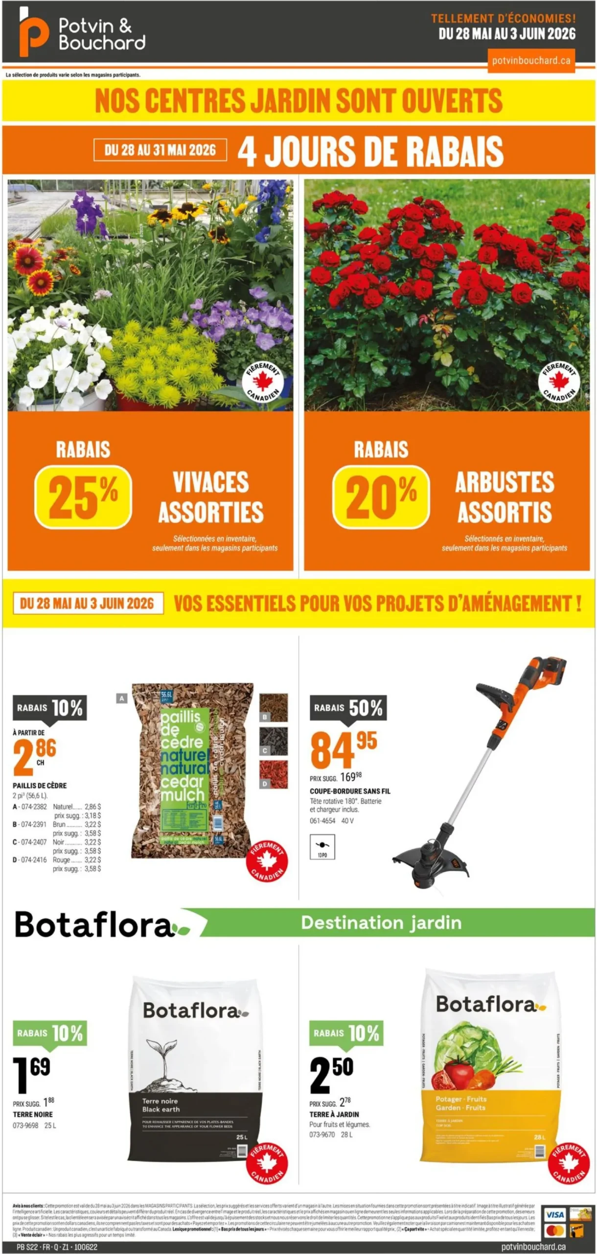 Page 1 de la Circulaire Potvin & Bouchard Centre Jardin du 28 mai au 3 juin 2026