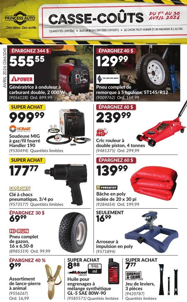 Page 1 de la Circulaire Princess Auto Casse-Coûts du 1 au 30 avril 2026