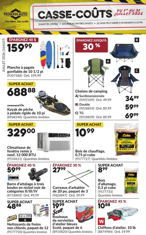 Page 1 de la Circulaire Princess Auto Casse-Coûts du 1 au 31 juillet 2026