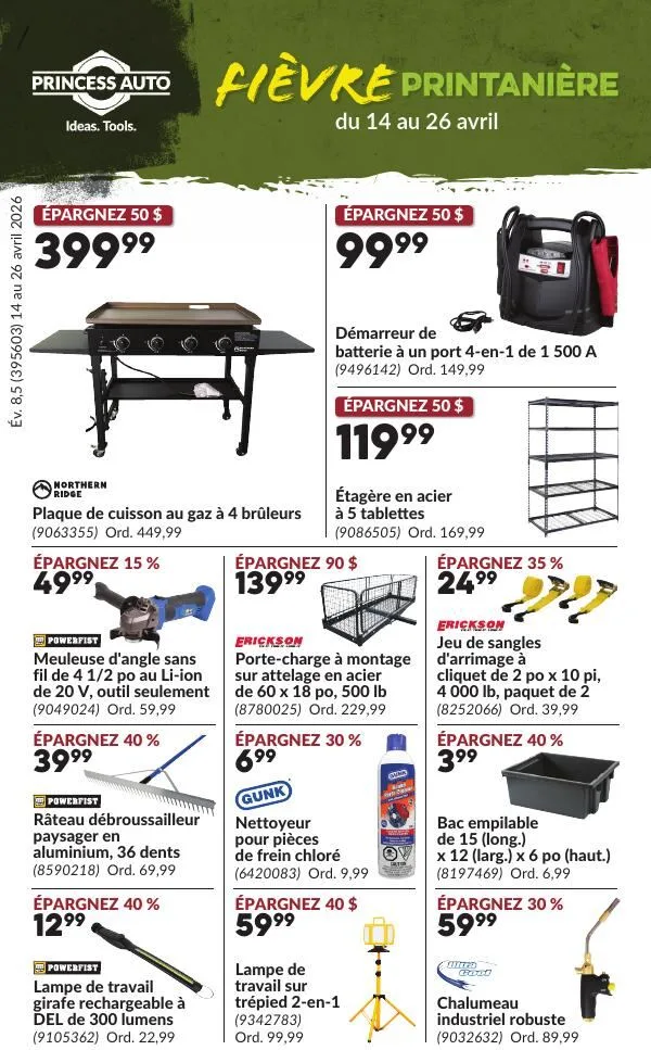 Page 1 de la Circulaire Princess Auto Fièvre Printanière du 14 au 26 avril 2026