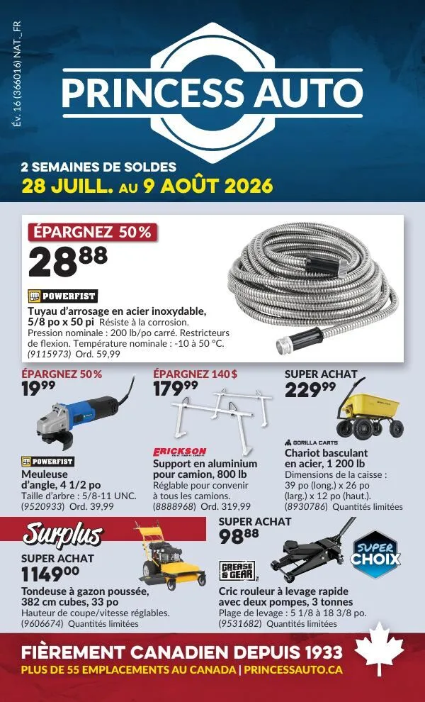 Page 1 de la Circulaire Princess Auto du 28 juillet au 9 août 2026
