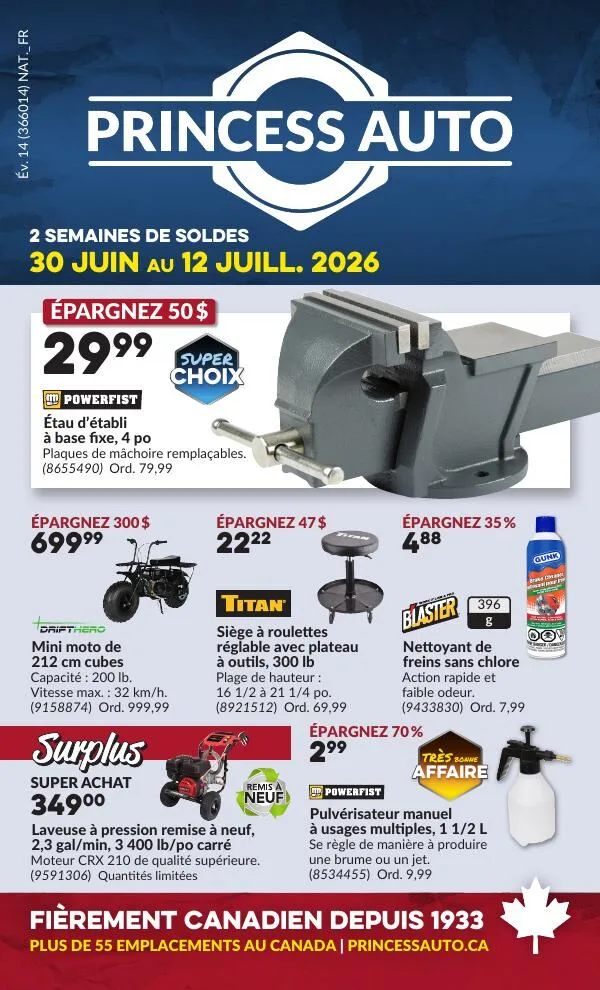 Page 1 de la Circulaire Princess Auto du 30 juin au 12 juillet 2026