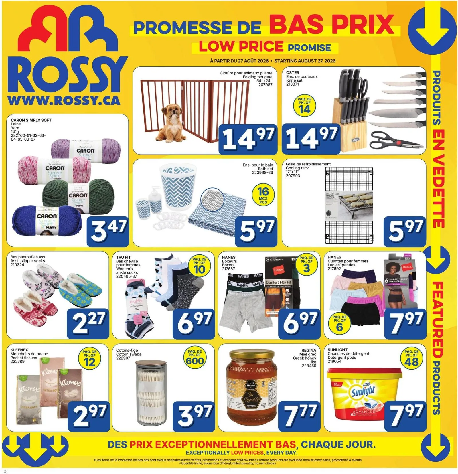 Page 1 de la Circulaire Rossy Promesse de Bas Prix du 27 août au 31 décembre 2026