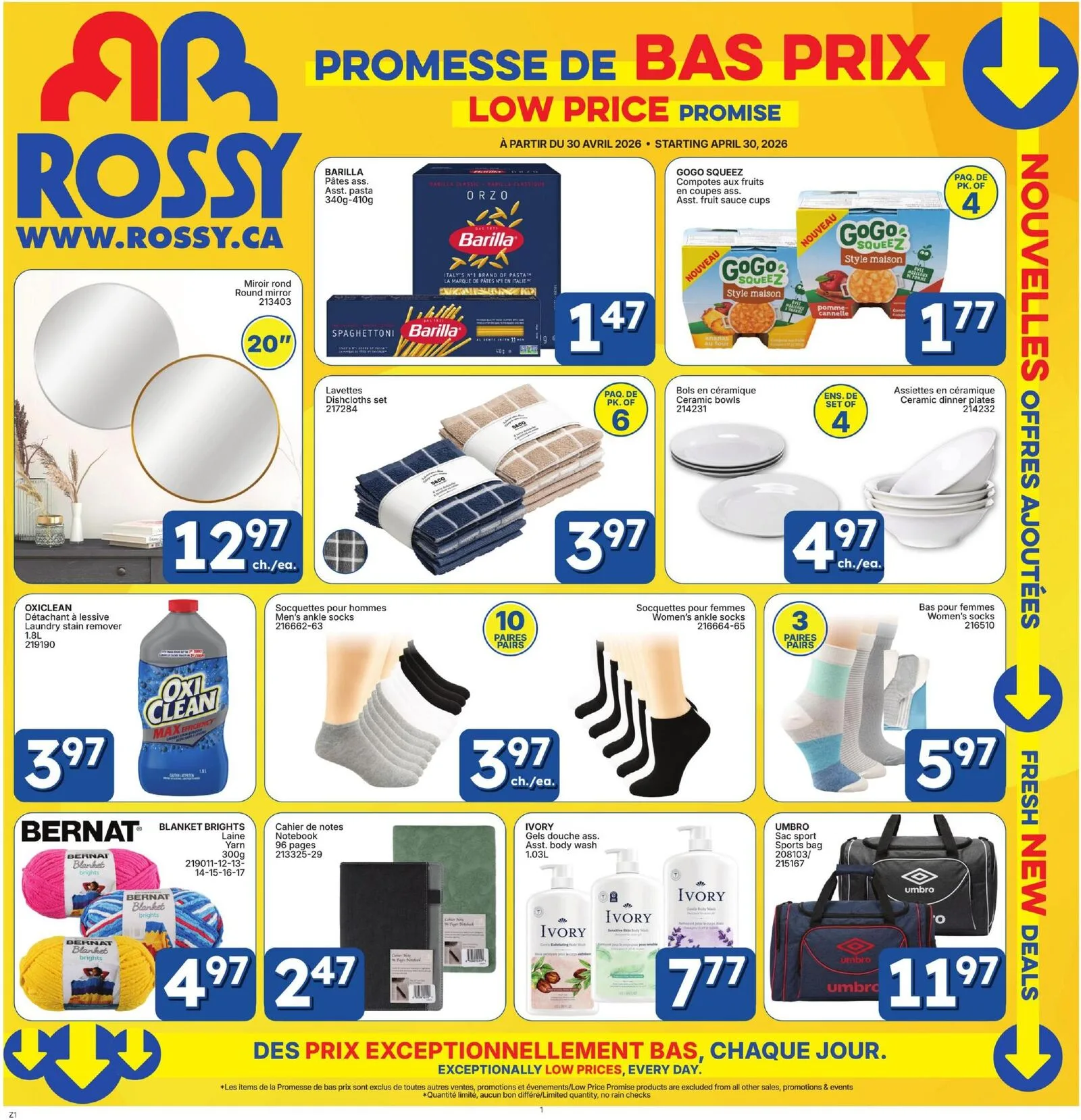 Page 1 de la Circulaire Rossy Promesse de bas prix du 30 avril au 27 mai 2026