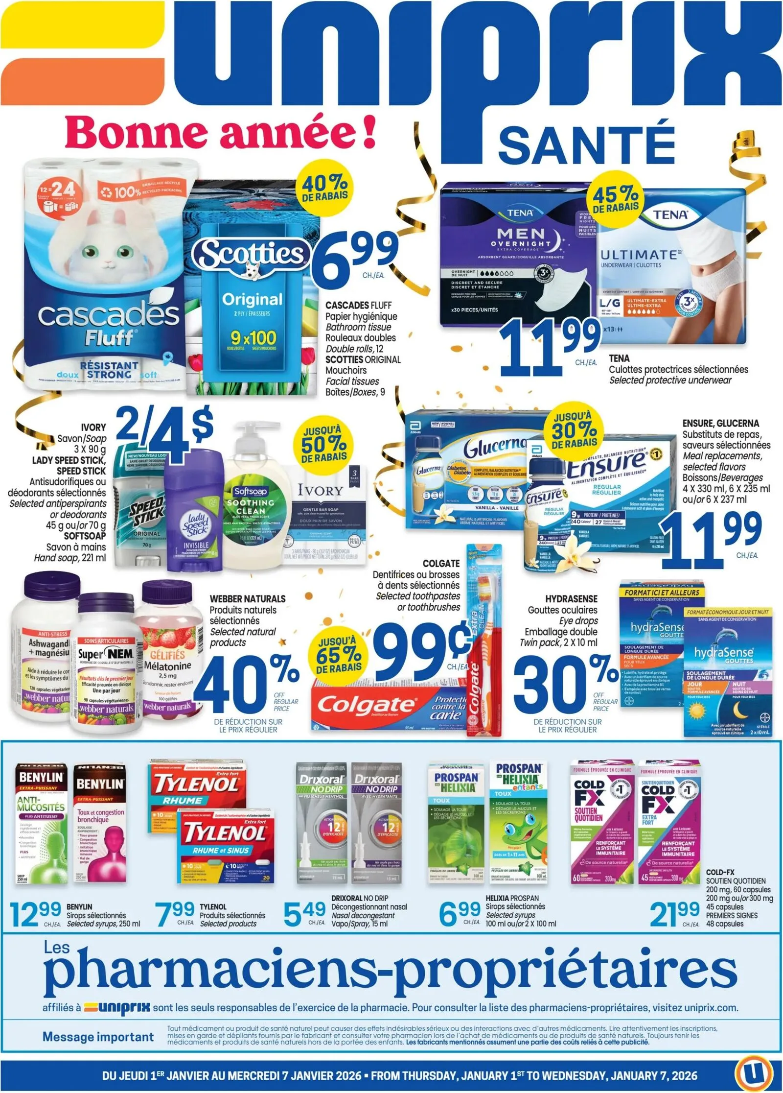 Page 1 de la Circulaire Uniprix du 1 au 7 janvier 2026