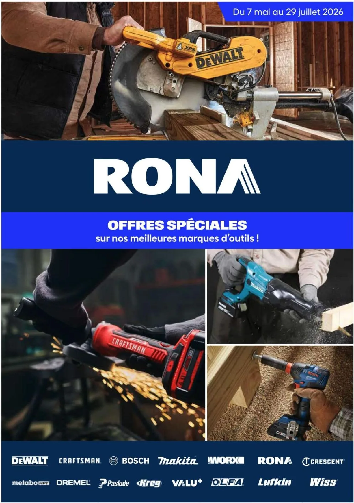 Page 1 de la Guide Rona des Outils du 7 mai au 29 juillet 2026