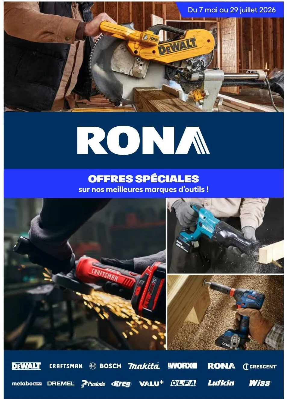 Page 1 de la Guide des Outils Rona du 7 mai au 29 juillet 2026